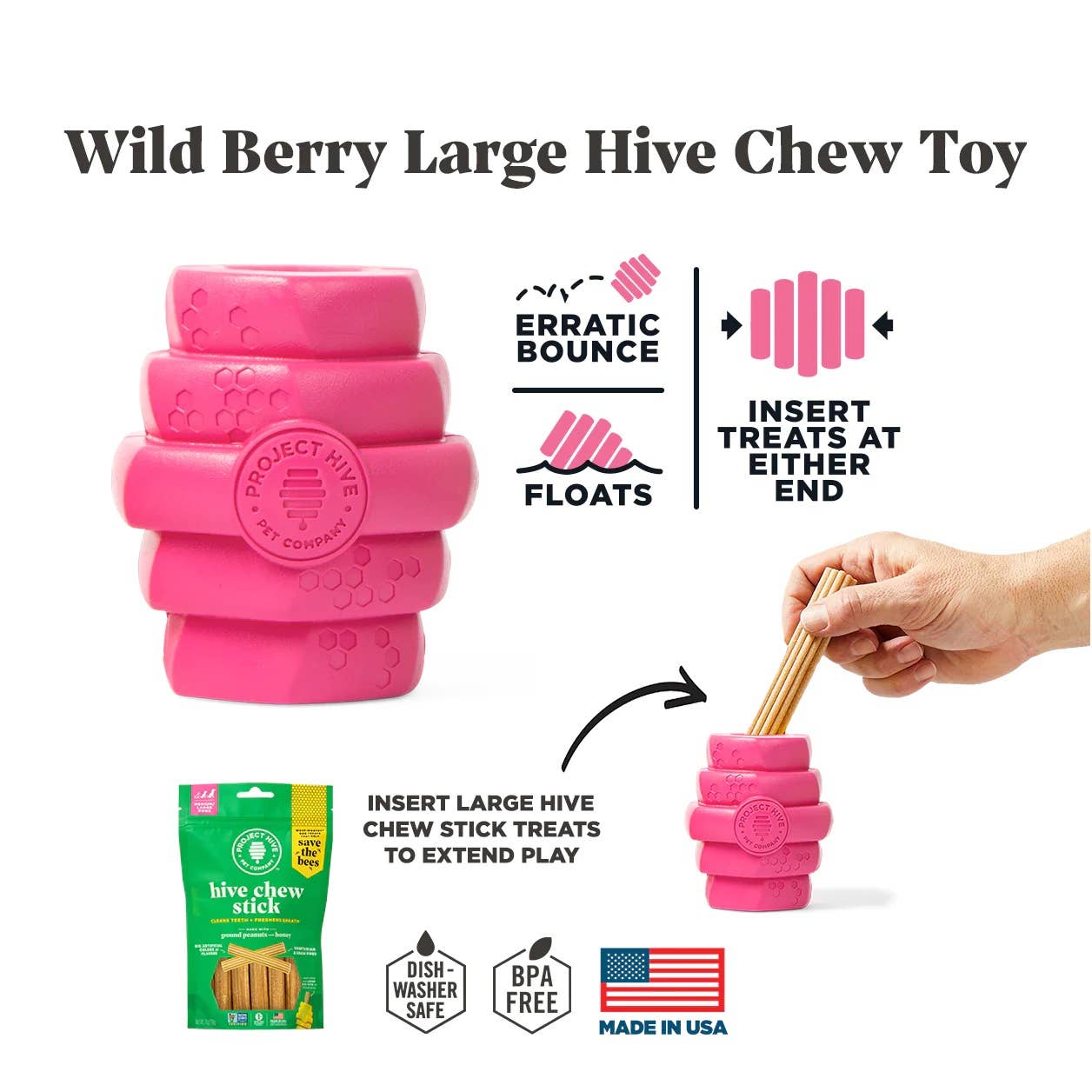 Project Hive Wild Berry Scent Hive Chew Toy Pink Large